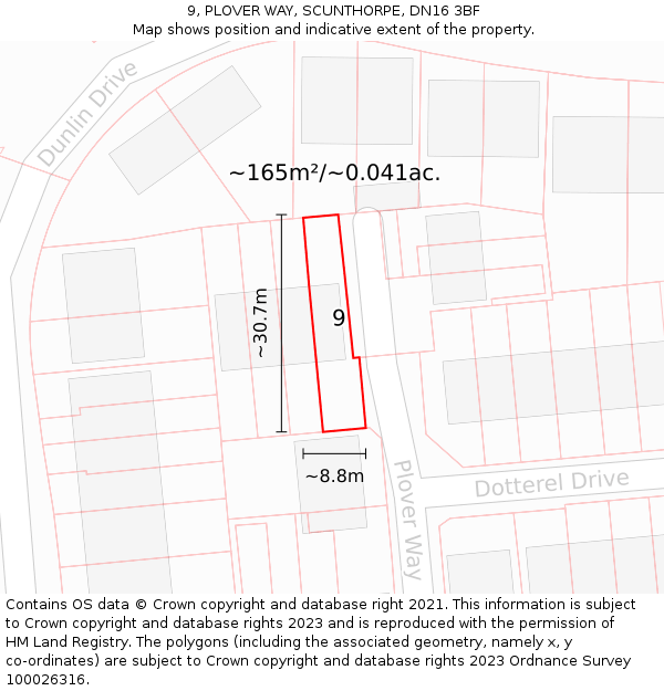 9, PLOVER WAY, SCUNTHORPE, DN16 3BF: Plot and title map