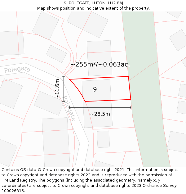 9, POLEGATE, LUTON, LU2 8AJ: Plot and title map