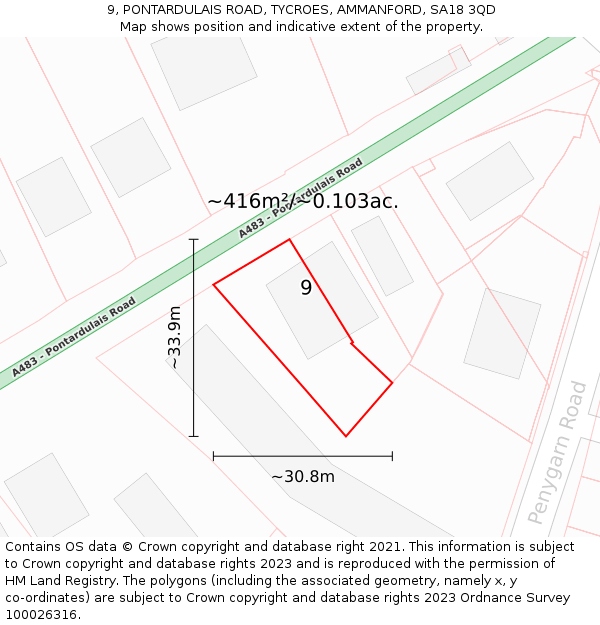 9, PONTARDULAIS ROAD, TYCROES, AMMANFORD, SA18 3QD: Plot and title map