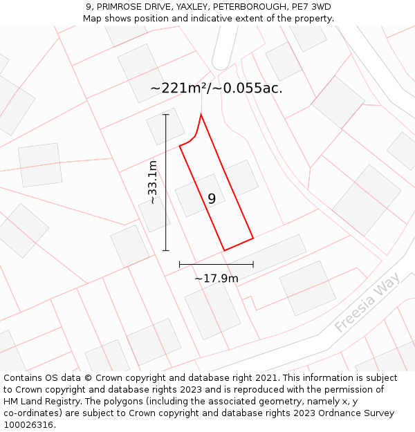 9, PRIMROSE DRIVE, YAXLEY, PETERBOROUGH, PE7 3WD: Plot and title map