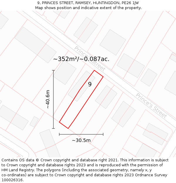 9, PRINCES STREET, RAMSEY, HUNTINGDON, PE26 1JW: Plot and title map