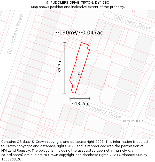 9, PUDDLERS DRIVE, TIPTON, DY4 9EQ: Plot and title map