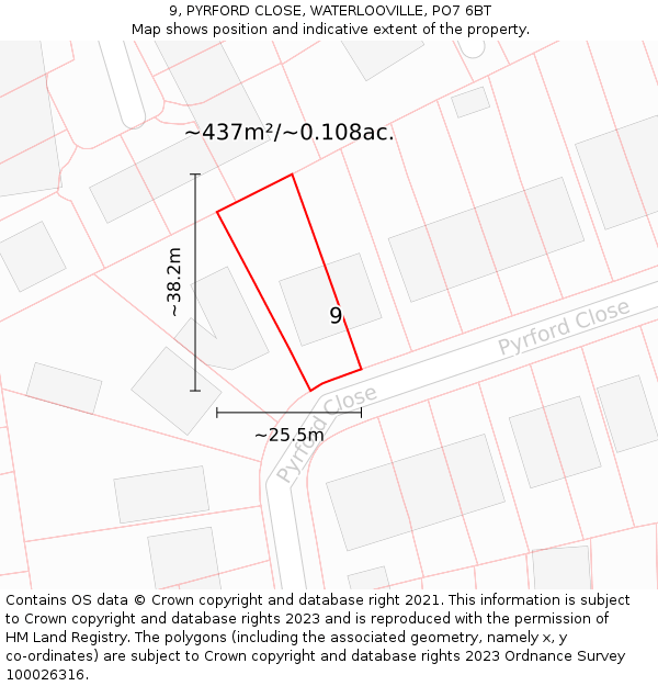 9, PYRFORD CLOSE, WATERLOOVILLE, PO7 6BT: Plot and title map