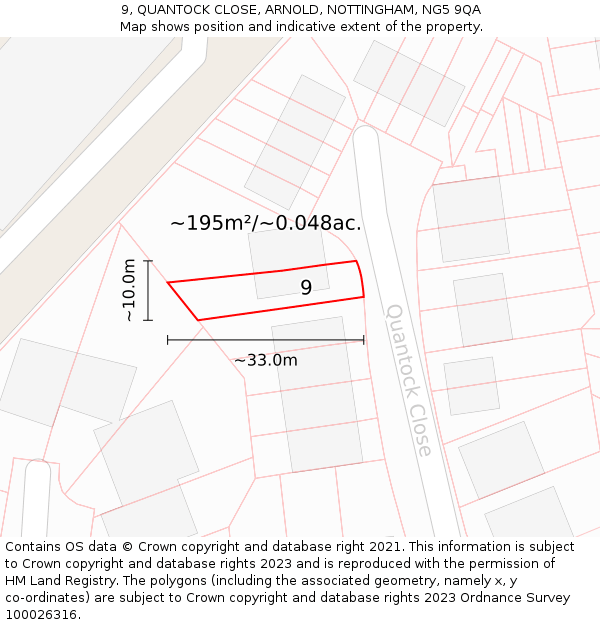 9, QUANTOCK CLOSE, ARNOLD, NOTTINGHAM, NG5 9QA: Plot and title map