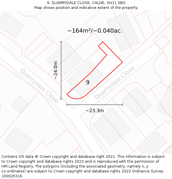 9, QUARRYDALE CLOSE, CALNE, SN11 0BG: Plot and title map