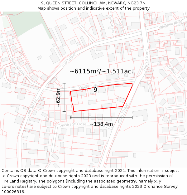 9, QUEEN STREET, COLLINGHAM, NEWARK, NG23 7NJ: Plot and title map