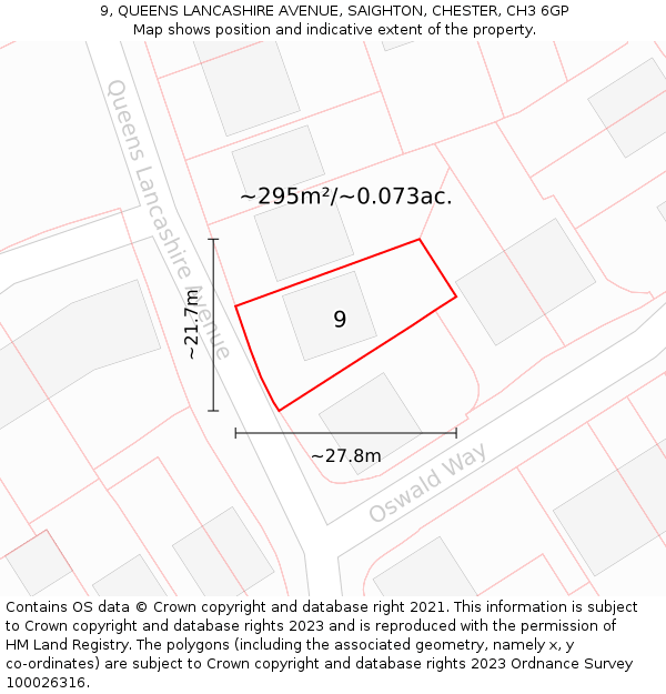 9, QUEENS LANCASHIRE AVENUE, SAIGHTON, CHESTER, CH3 6GP: Plot and title map