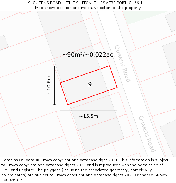 9, QUEENS ROAD, LITTLE SUTTON, ELLESMERE PORT, CH66 1HH: Plot and title map