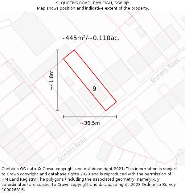 9, QUEENS ROAD, RAYLEIGH, SS6 8JY: Plot and title map