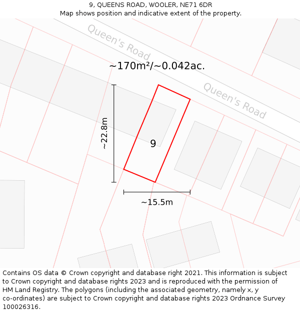 9, QUEENS ROAD, WOOLER, NE71 6DR: Plot and title map