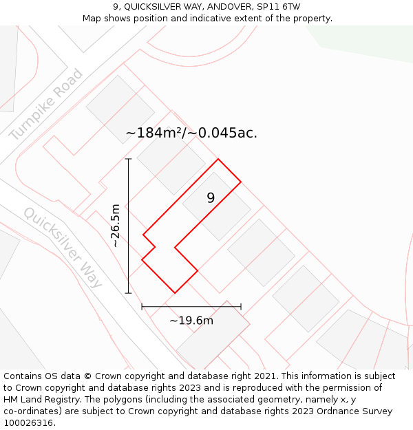 9, QUICKSILVER WAY, ANDOVER, SP11 6TW: Plot and title map