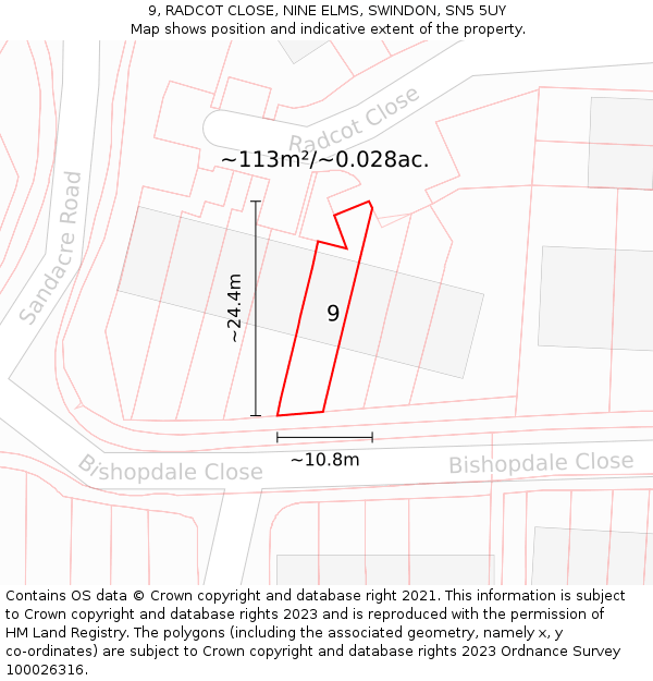 9, RADCOT CLOSE, NINE ELMS, SWINDON, SN5 5UY: Plot and title map