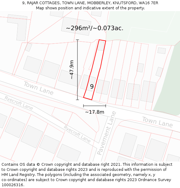 9, RAJAR COTTAGES, TOWN LANE, MOBBERLEY, KNUTSFORD, WA16 7ER: Plot and title map