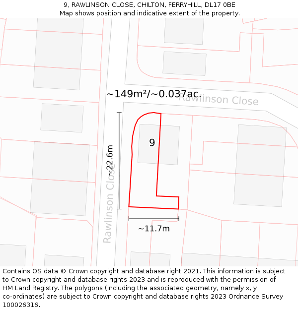 9, RAWLINSON CLOSE, CHILTON, FERRYHILL, DL17 0BE: Plot and title map