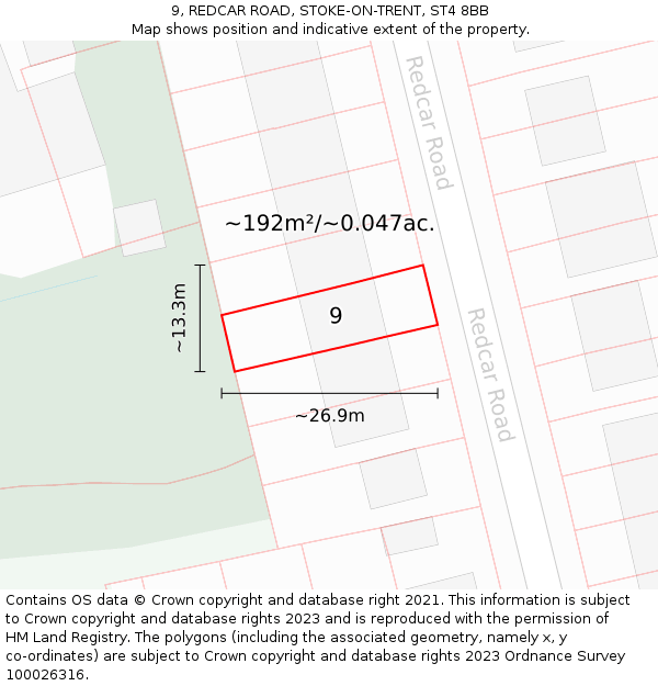 9, REDCAR ROAD, STOKE-ON-TRENT, ST4 8BB: Plot and title map