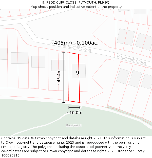 9, REDDICLIFF CLOSE, PLYMOUTH, PL9 9QJ: Plot and title map