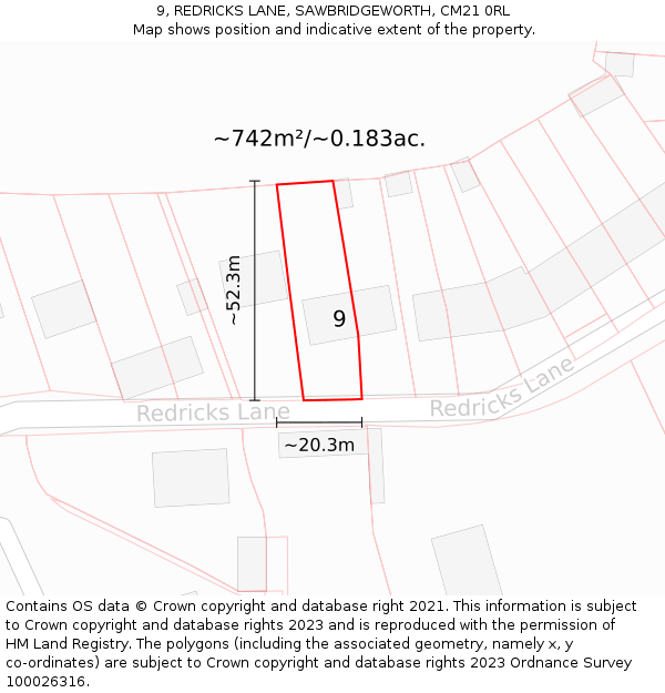 9, REDRICKS LANE, SAWBRIDGEWORTH, CM21 0RL: Plot and title map