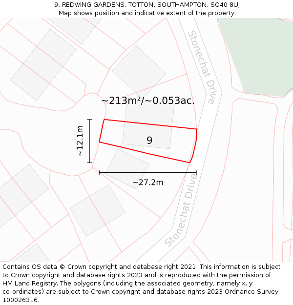 9, REDWING GARDENS, TOTTON, SOUTHAMPTON, SO40 8UJ: Plot and title map