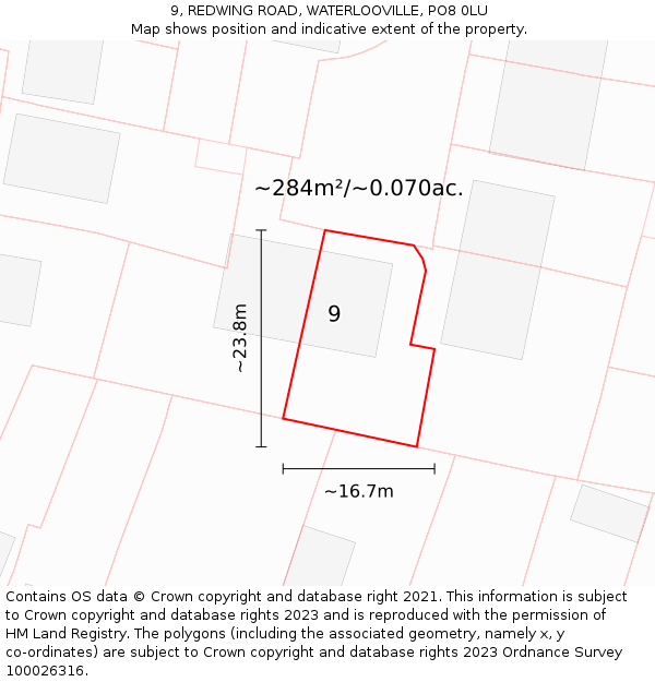 9, REDWING ROAD, WATERLOOVILLE, PO8 0LU: Plot and title map