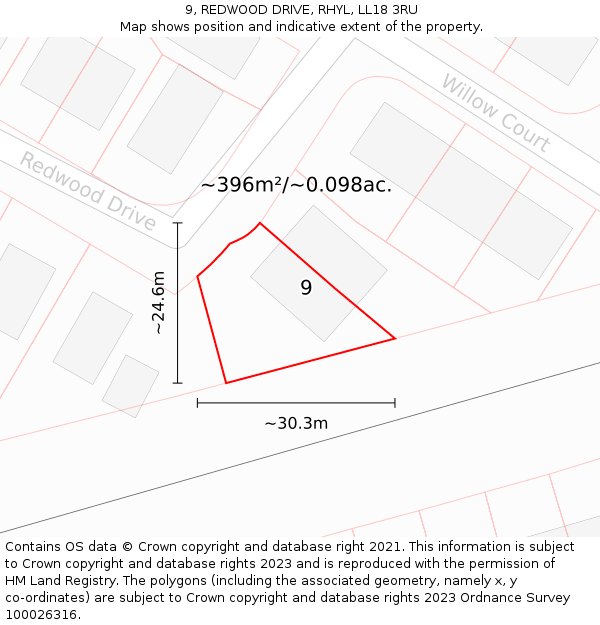 9, REDWOOD DRIVE, RHYL, LL18 3RU: Plot and title map