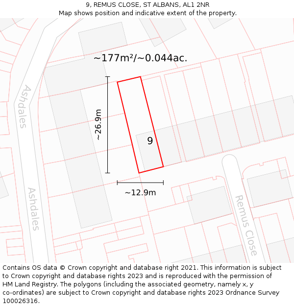 9, REMUS CLOSE, ST ALBANS, AL1 2NR: Plot and title map