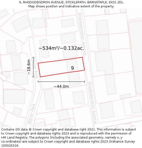 9, RHODODENDRON AVENUE, STICKLEPATH, BARNSTAPLE, EX31 2DL: Plot and title map