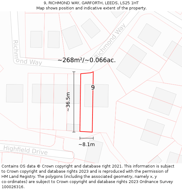 9, RICHMOND WAY, GARFORTH, LEEDS, LS25 1HT: Plot and title map