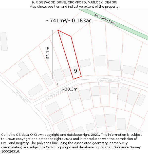 9, RIDGEWOOD DRIVE, CROMFORD, MATLOCK, DE4 3RJ: Plot and title map