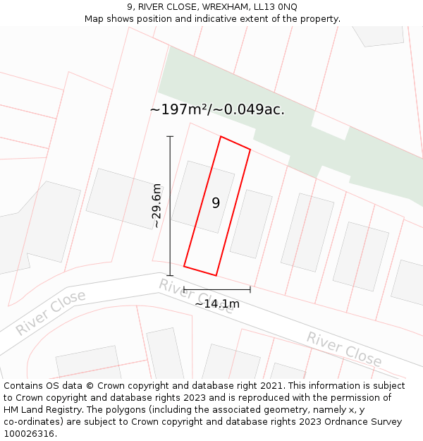 9, RIVER CLOSE, WREXHAM, LL13 0NQ: Plot and title map