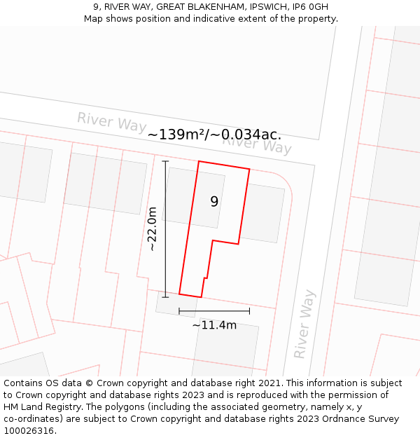 9, RIVER WAY, GREAT BLAKENHAM, IPSWICH, IP6 0GH: Plot and title map