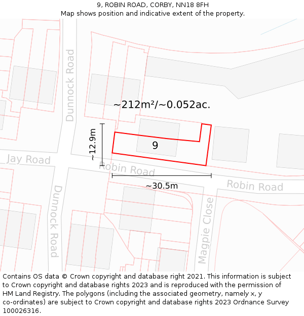 9, ROBIN ROAD, CORBY, NN18 8FH: Plot and title map