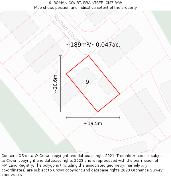 9, ROMAN COURT, BRAINTREE, CM7 3YW: Plot and title map