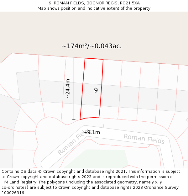 9, ROMAN FIELDS, BOGNOR REGIS, PO21 5XA: Plot and title map