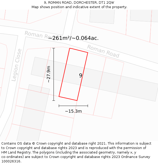 9, ROMAN ROAD, DORCHESTER, DT1 2QW: Plot and title map