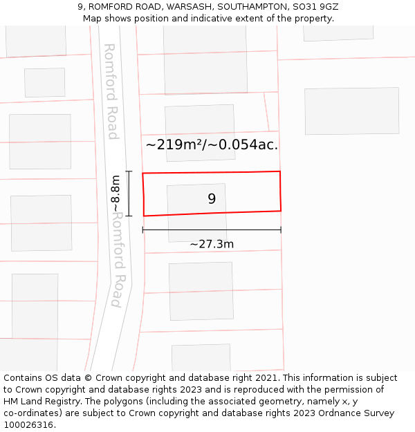 9, ROMFORD ROAD, WARSASH, SOUTHAMPTON, SO31 9GZ: Plot and title map