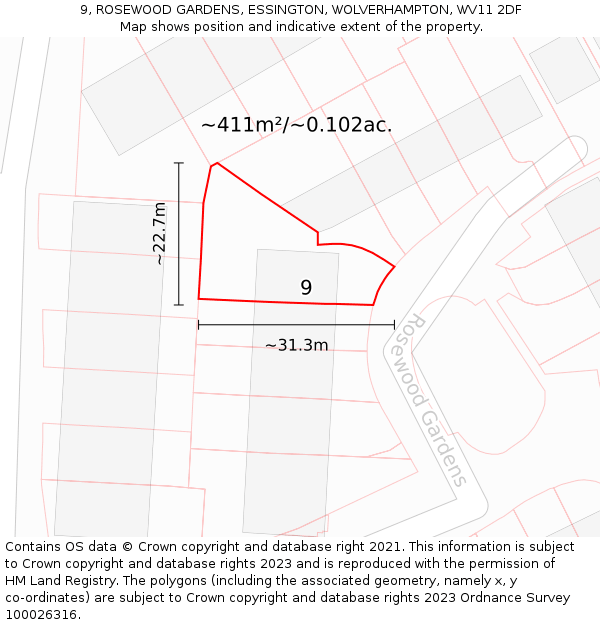 9, ROSEWOOD GARDENS, ESSINGTON, WOLVERHAMPTON, WV11 2DF: Plot and title map