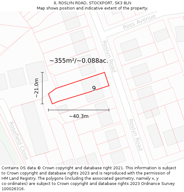 9, ROSLYN ROAD, STOCKPORT, SK3 8LN: Plot and title map