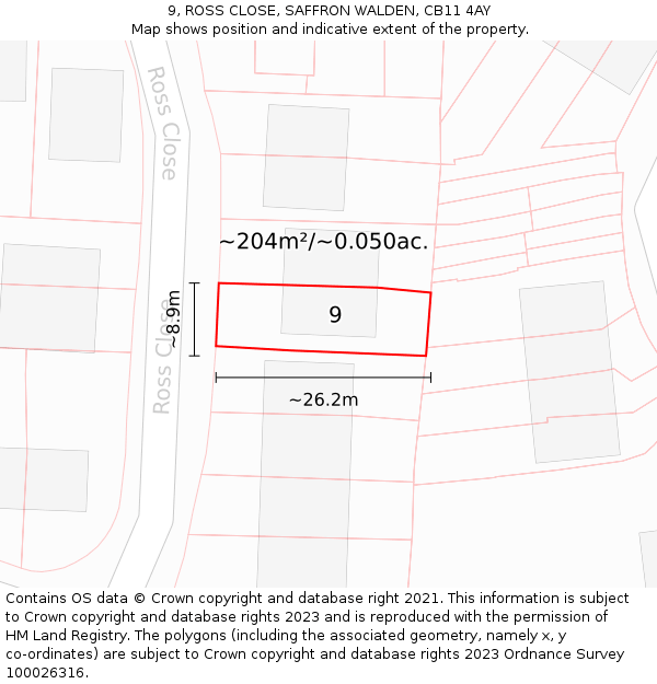 9, ROSS CLOSE, SAFFRON WALDEN, CB11 4AY: Plot and title map