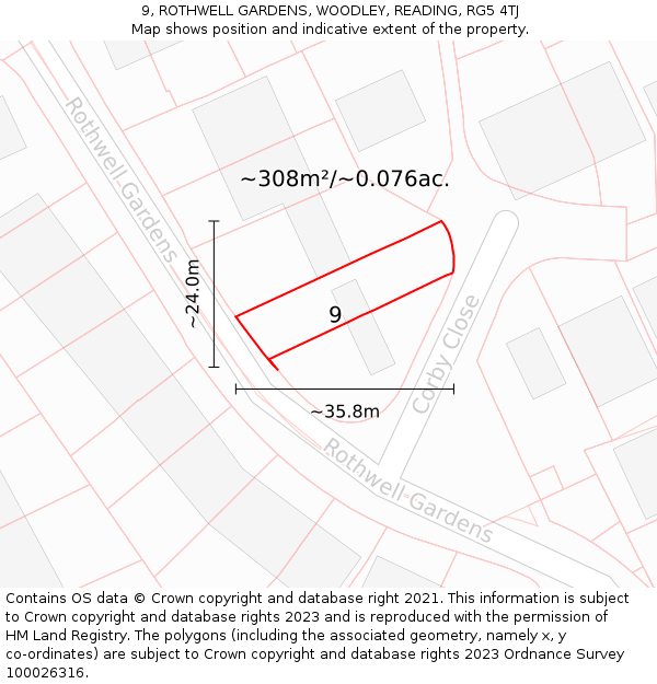 9, ROTHWELL GARDENS, WOODLEY, READING, RG5 4TJ: Plot and title map