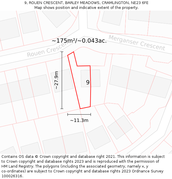 9, ROUEN CRESCENT, BARLEY MEADOWS, CRAMLINGTON, NE23 6FE: Plot and title map