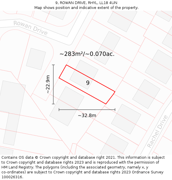 9, ROWAN DRIVE, RHYL, LL18 4UN: Plot and title map