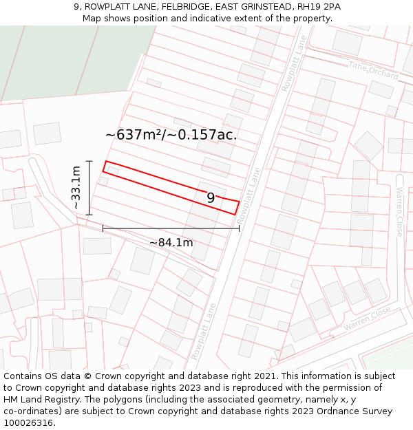 9, ROWPLATT LANE, FELBRIDGE, EAST GRINSTEAD, RH19 2PA: Plot and title map