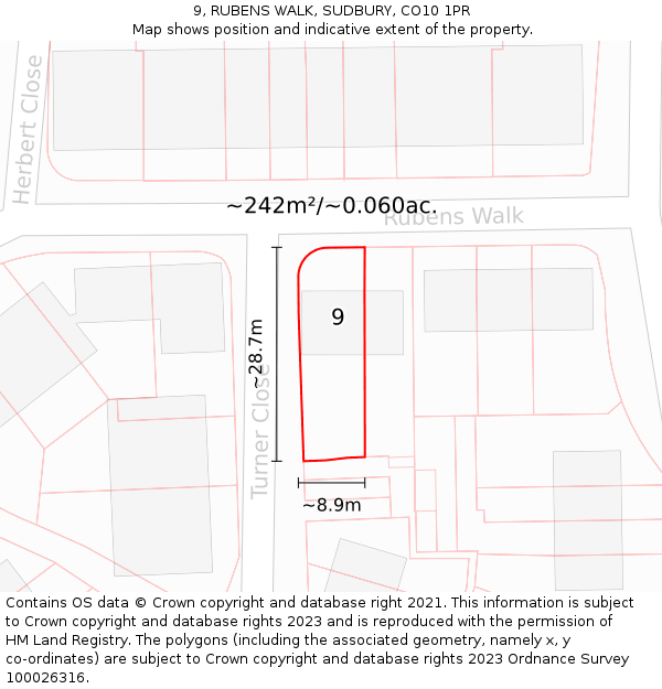 9, RUBENS WALK, SUDBURY, CO10 1PR: Plot and title map