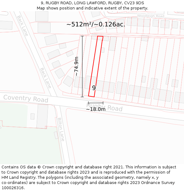 9, RUGBY ROAD, LONG LAWFORD, RUGBY, CV23 9DS: Plot and title map