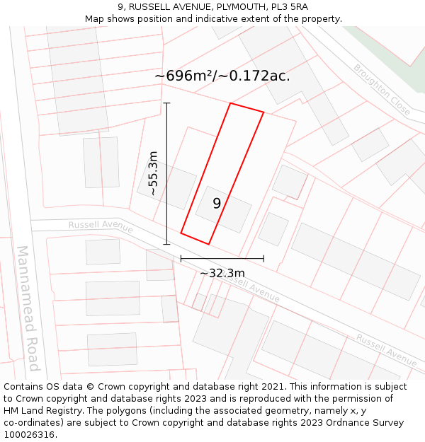 9, RUSSELL AVENUE, PLYMOUTH, PL3 5RA: Plot and title map