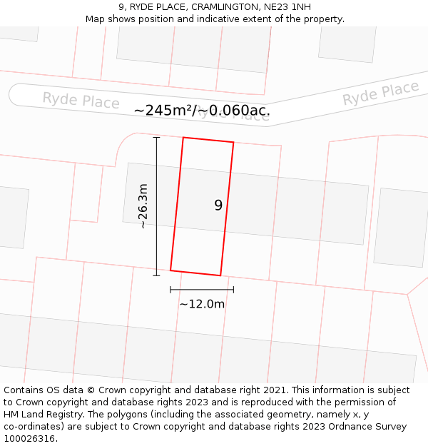 9, RYDE PLACE, CRAMLINGTON, NE23 1NH: Plot and title map