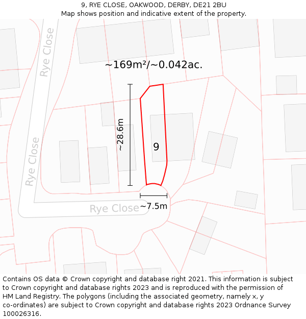 9, RYE CLOSE, OAKWOOD, DERBY, DE21 2BU: Plot and title map