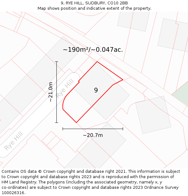 9, RYE HILL, SUDBURY, CO10 2BB: Plot and title map