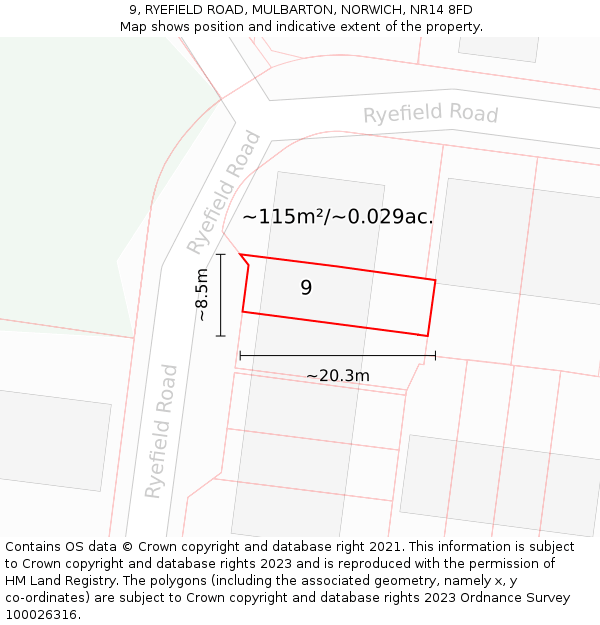 9, RYEFIELD ROAD, MULBARTON, NORWICH, NR14 8FD: Plot and title map