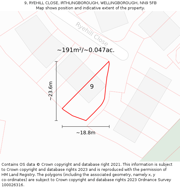 9, RYEHILL CLOSE, IRTHLINGBOROUGH, WELLINGBOROUGH, NN9 5FB: Plot and title map